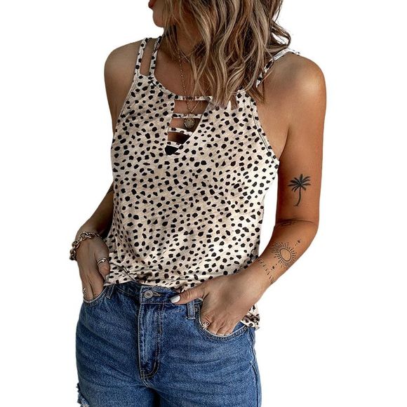 Azura Exchange  Khaki Leopard Print Ladder Keyhole Tank Top - Picture 2 of 12
